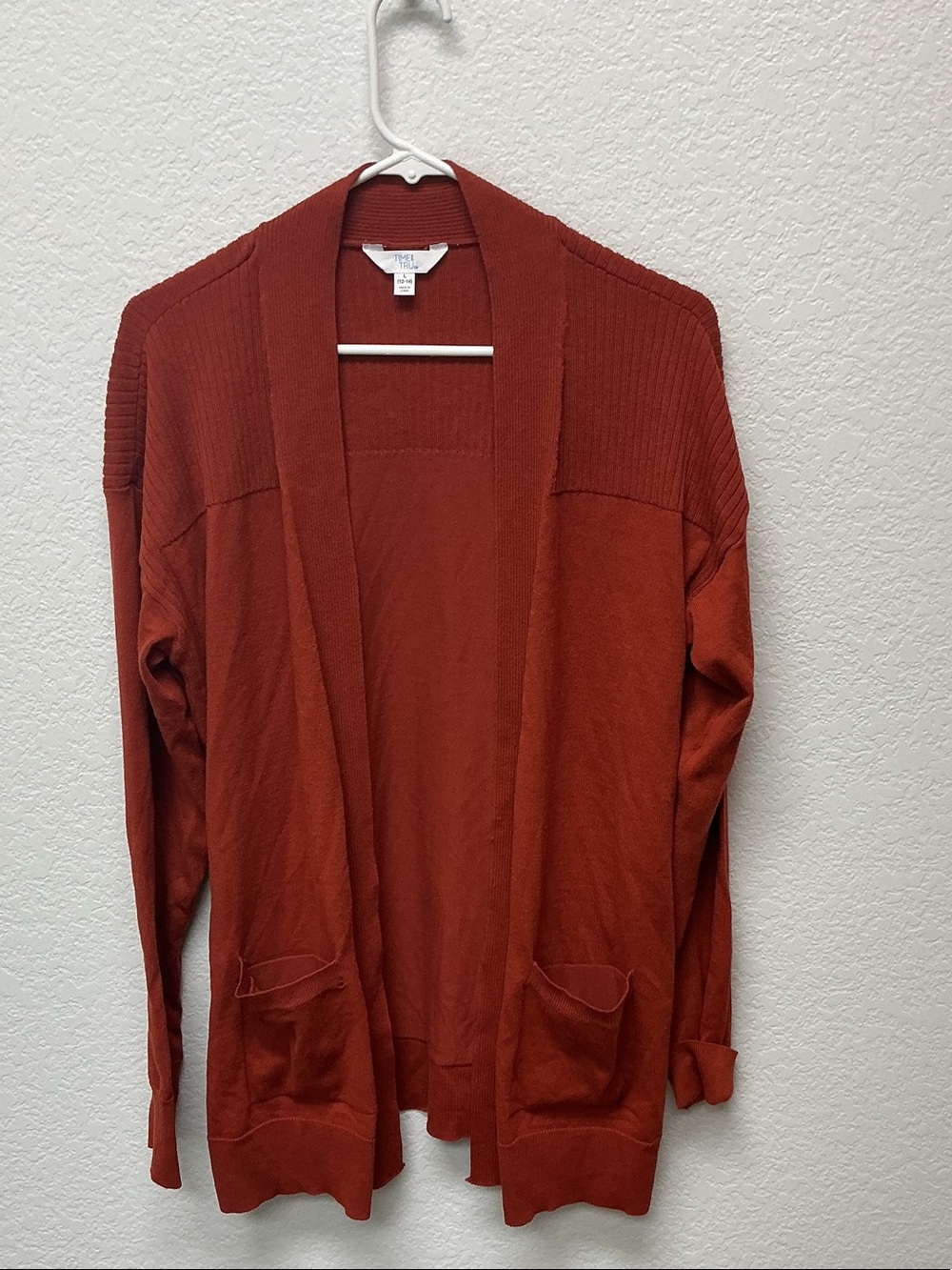 Time and Tru Open-Front Rust-Orange Cardigan